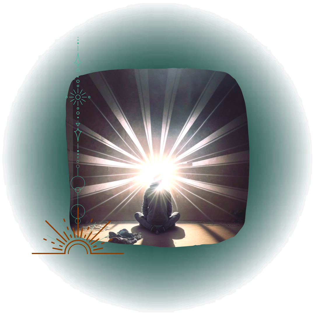 Picture of person sitting on floor with radiant light coming. Representation of healing the mind. 